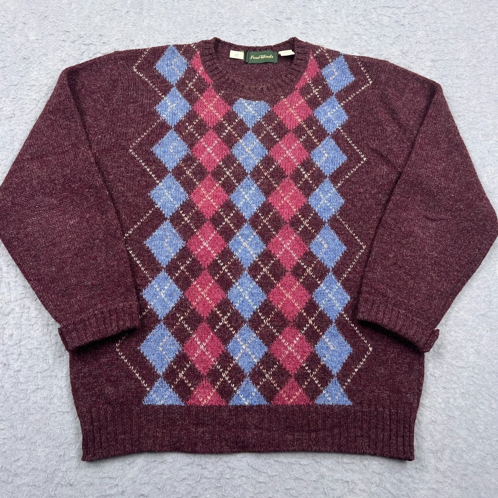 VTG Four Winds Sweater Men's Large‎ Argyle 100% Shetland Wool Knit Crew England